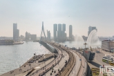 De Marathon Rotterdam met de Erasmusbrug en de sierspuiters van het Havenbedrijf Rotterdam