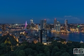 De skyline met de Erasmusbrug in Rotterdam in het paars voor Wereld Prematurendag