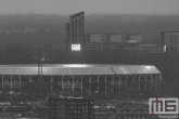 Een detailfoto van het Feyenoord Stadion De Kuip in Rotterdam-Zuid in zwart/wit