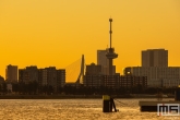 De zonsondergang in Rotterdam vanaf het RDM Rotterdam met op de achtergrond de Erasmusbrug en Euromast