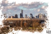 Te Koop | Een detailfoto van het Feyenoord Art Stadion De Kuip met op de achtergrond de skyline van Rotterdam