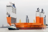 Het half-afzinkbaar transportschip Dockwise Vanguard met sleepboot Thamesbank op de Maas in Rotterdam