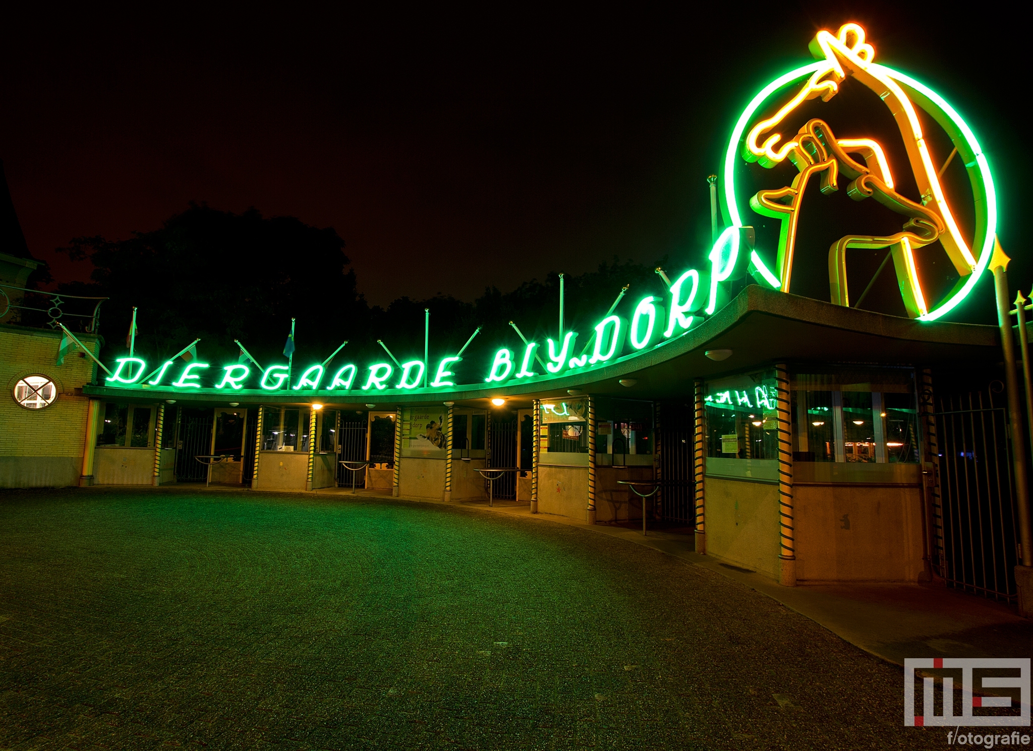 Het neonlicht bij de oude ingang van Diergaarde Blijdorp in Rotterdam