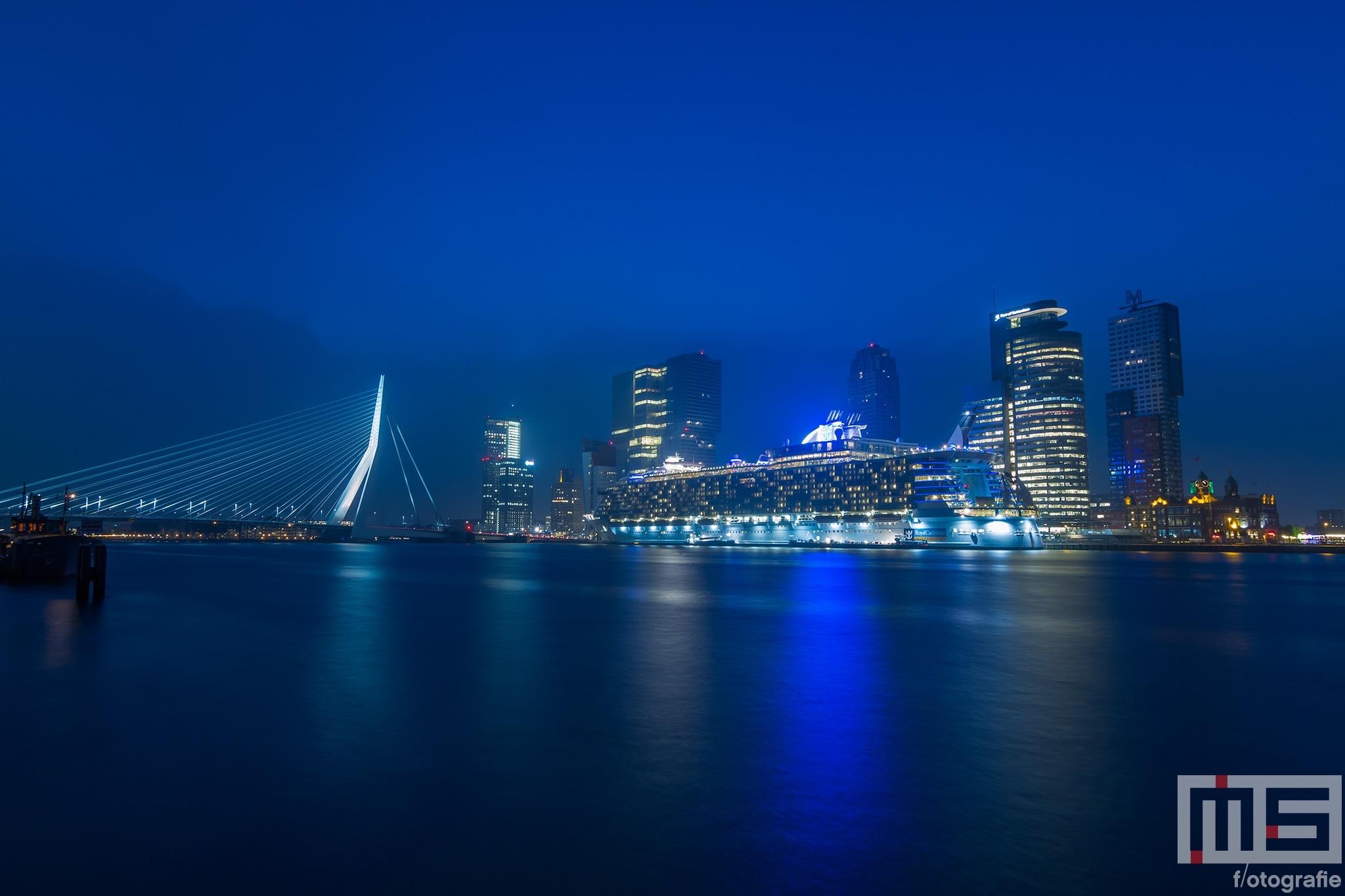 Het cruiseschip Oasis of the Seas in de nacht aan de Cruise Port Rotterdam