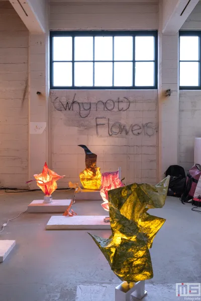 Het lichtkunst van Min Linting Flowers tijdens de designbeurs Object Rotterdam in het HAKA-gebouw