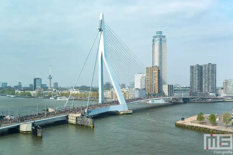 De start van de NN Marathon Rotterdam 2025 in Rotterdam met de Erasmusbrug
