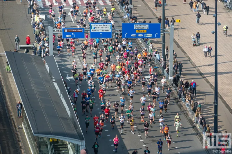 De lopers van de NN Marathon Rotterdam in Rotterdam op het Wilhelminaplein
